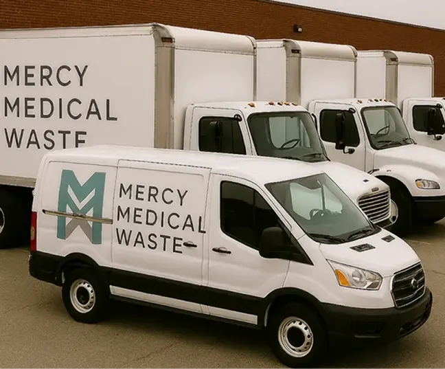 Mercy Medical Waste disposal trucks parked outside facility