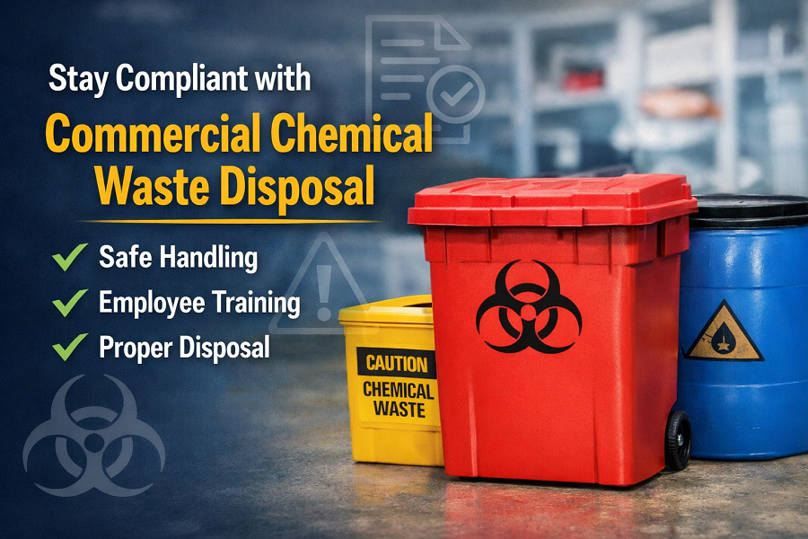 Commercial chemical waste disposal containers with safety labels and compliance checklist in a healthcare setting